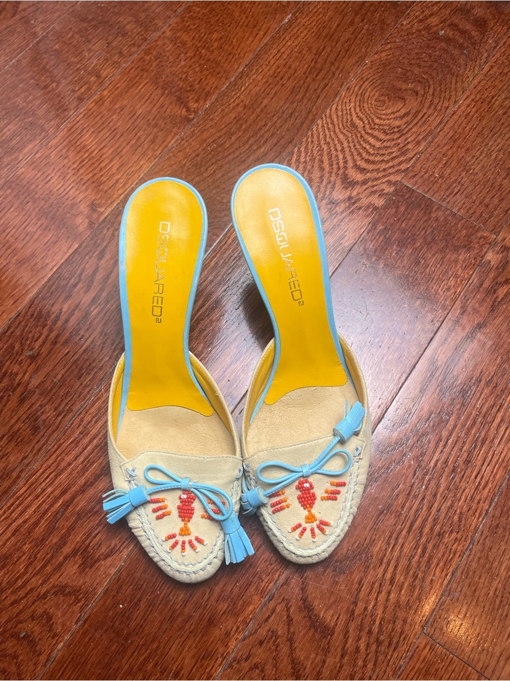 DSQUARED2 Beige Suede Mules with Blue Trim and Orange Bead Embroidery